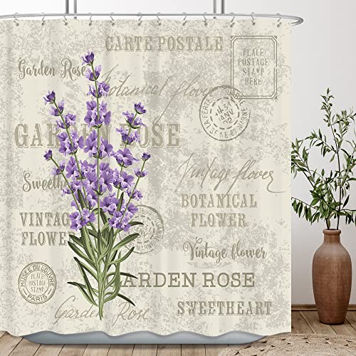 Book Cover Riyidecor Lavender Lilac Shower Curtain Set for Bathroom 72Wx72H Inch Purple Flower Floral Vintage Fabric Bath Curtain for Women Girl Bathtub Accessories Plant Waterproof 12 Pack Plastic Hooks WW-VCEH