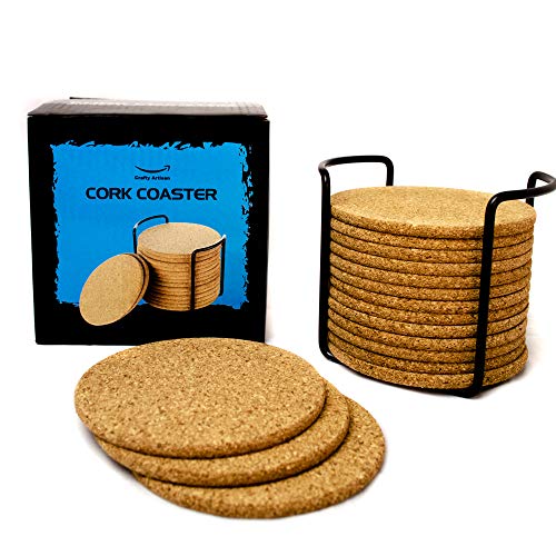 Book Cover Natural Cork Coasters for Drinks - 16pc Set with Metal Holder Storage Caddy - Absorbent Round Edge 4