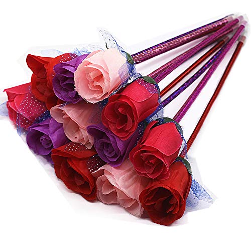 TANG SONG 12PCS Novelty Cute Rose Decor Ballpoint Pen Office School Supplies Students Children Gift (0.7mm Blue Ink, Random color)