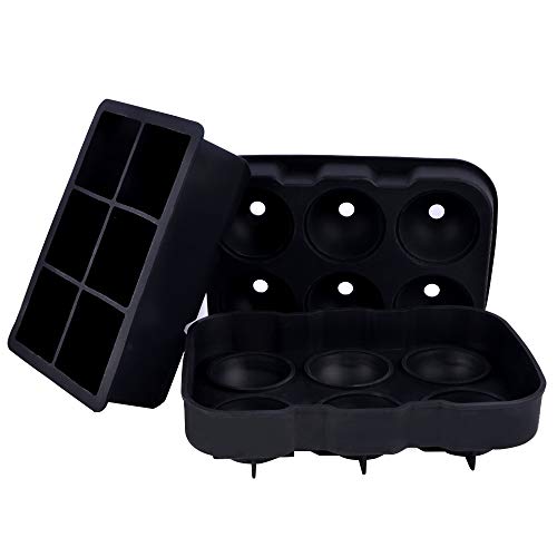Ice Cube Trays Silicone Set of 2, Alotpower Sphere Ice Ball Maker with Lid and Large Square Ice Cube Molds for Whiskey and Cocktails, Reusable