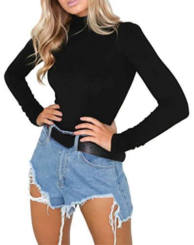 PALINDA Women's Long Sleeve Striped Basic Solid Round Neck Bodysuit Stretchy Leotards