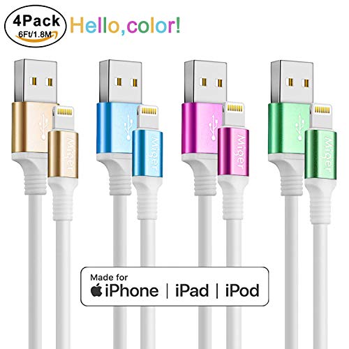 Miger 4-Colors 2.4A Fast Charging Cable,4Pack 6Ft/1.8m USB Sync & Charger Cord Compatible with iPhone Xs Max,Xr,X,8,8Plus,7,7Plus,6S,6Plus,SE,5S,5,iPad,iPod (6ft)