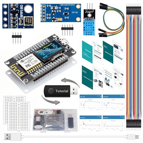 ESP8266 Weather Station Kit with DHT11 Temperature Humidity BMP180 Atmosphetic Pressure BH1750FVI Light Sensor 0.96" OLED IIC YellowBlue Display for Arduino IDE IoT Starter(Tutorial Included)