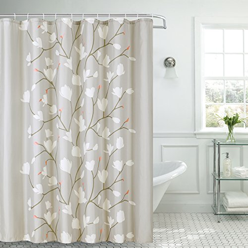 Shower Curtain Fabric Grey Flowers with Hooks Bath Curtain Waterproof, 72x72 INCH