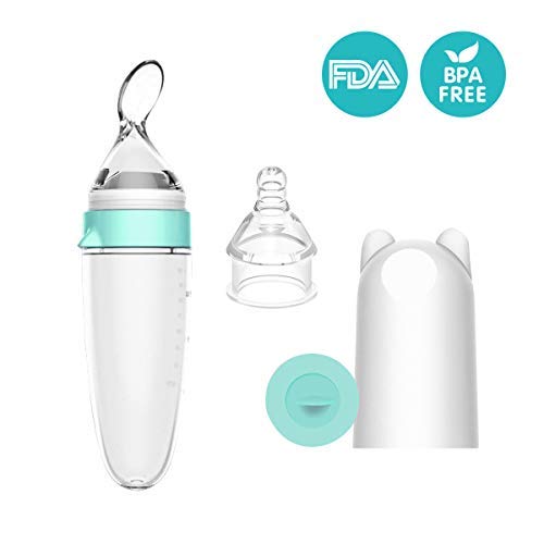 Burabi Baby Silicone Squeeze Food Feeder Spoon,Natural Touch Baby Fruit Feeder Food Dispensing Spoon for Baby Toddler Infant Fresh Food Bottle Feeder BPA Free FDA Approved-Include Nipple & Spoon