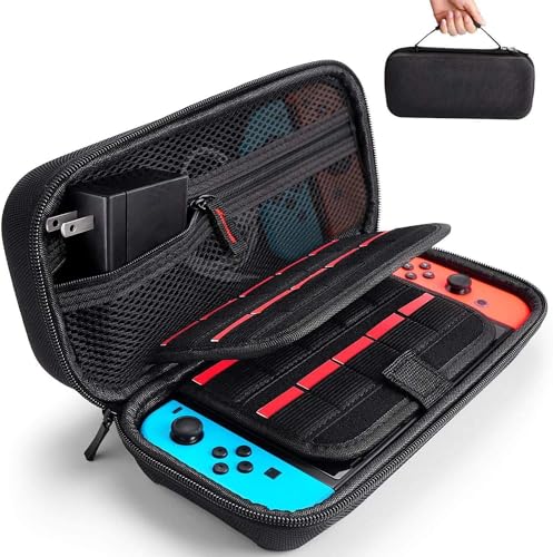 Book Cover Hestia Goods Nintendo Switch Case - Fit Original Charger AC Adapter - with 20 Game Cartridges Hard Shell Travel Switch Carrying Case Pouch for Nintendo Switch Console & Accessories, Black