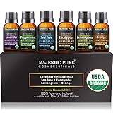 MAJESTIC PURE Aromatherapy Essential Oils Set, Organic Certified Essential Oil Set Includes Lavender, Peppermint, Tea Tree, Eucalyptus, Lemongrass and Orange Oils - Pack of 6-10 ml Each