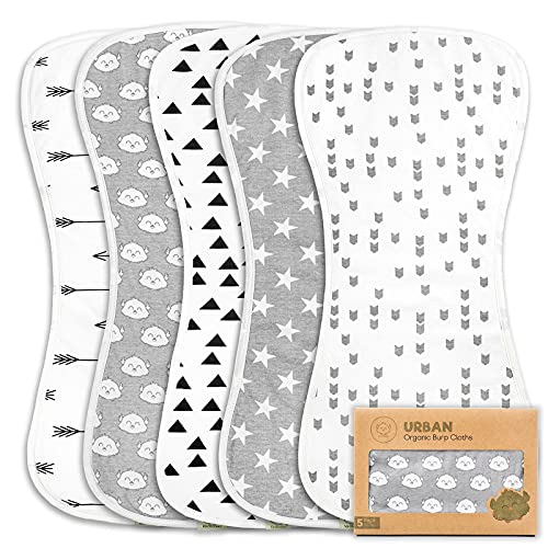 Book Cover 5-Pack Organic Burp Cloths for Baby Boys and Girls - Ultra Absorbent Burping Cloth, Burp Clothes, Newborn Towel - Milk Spit Up Rags - Burpy Cloth Bib for Unisex, Boy, Girl - Burp Cloths (Grayscape)