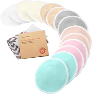 Book Cover Organic Bamboo Nursing Breast Pads - 14 Washable Pads + Wash Bag - Breastfeeding Nipple Pad for Maternity - Reusable Nipplecovers for Breast Feeding (Pastel Touch, Large 4.8