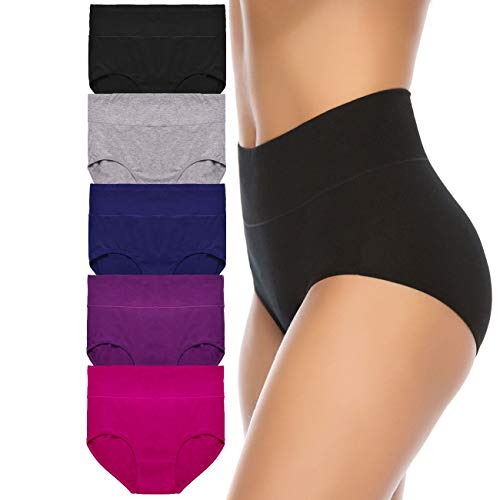 Annenmy Women's High Waist Tummy Control Cotton Underwear 5 Pack Sold Color Briefs Panties (Medium, Dark Color)