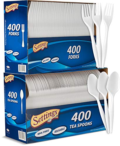 Settings Plastic White 400 Forks And 400 Teaspoons, Disposable Cutlery, Great For Home, Office, School, Party, Picnics, Restaurant, Take-out Fast Food, Outdoor Events, Or Every Day Use, 2 Boxes