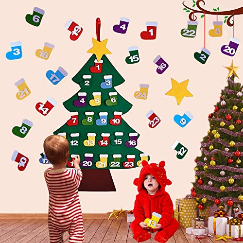 Outgeek Felt Christmas Tree, Countdown Advent Calendar Tree DIY Christmas Tree Advent Calender with 24 PCS Ornaments for Kids New Year Door Wall Hanging Xmas Decoration