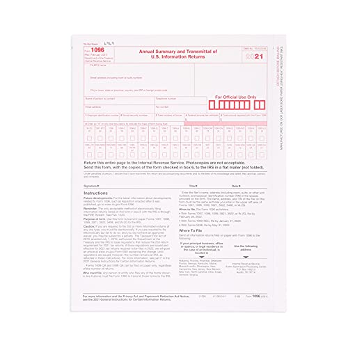 1096 Transmittal 2021 Tax Forms, 25 Pack of 1096 Summary Laser Forms, Compatible with QuickBooks and Accounting Software