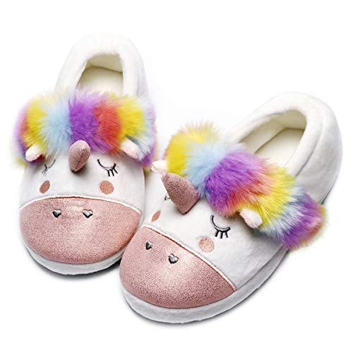 Caramella Bubble Women House Slippers Cute Unicorn Fuzzy Memory Foam Cotton Shoes Gifts for Girls Anti-slip Rubber Sole Fur Plush Shoes Gift for Kids Winter Warm Bedroom Home Indoor Outdoor