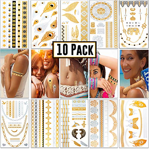 Book Cover Boho Gold Temporary Tattoos - Metallic Gold Henna Tattoo Kit | 10 sheets & 100+ designs | Boho Glitter Accessories Stickers | Fits Men, Women & Kids | For Face, Body, Music Festival Clothing, Costumes