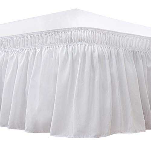 Book Cover Biscaynebay Wrap Around Bed Skirts for Queen Beds 15 Inches Drop, White Elastic Dust Ruffles Easy Fit Wrinkle & Fade Resistant Silky Luxurious Fabric Solid Machine Washable