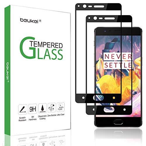 Book Cover (2 Pack) Beukei for OnePlus 3 and OnePlus 3T Screen Protector Tempered Glass,Full Screen Coverage, Anti Scratch, Bubble Free