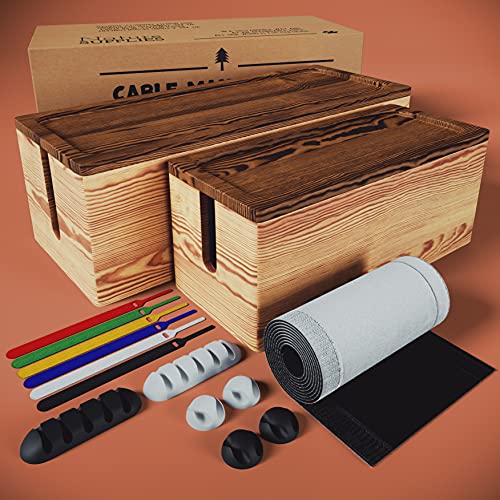 [Set of 2] Rustic Real Wood Cable Management Box Cord Organizer, Big + Small, Large Storage Holder for Desk, TV, Computer, USB Hub, Hide & Power Strips includes 13 Accessories (Set of 2, Natural Wood)