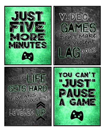 Book Cover Video Game Themed Art Print Room Wall Decoration (Set or Four) Gamer (Green)