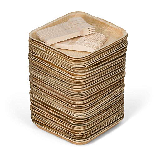 Better than Bamboo 50 8" Disposable Square Palm Leaf Plates + 100 Cutlery (50 Forks, 50 Knives) or Wood Plates. Heavy Duty, 100% Compostable & Biodegradable Eco Friendly Party Plates (8 inch)