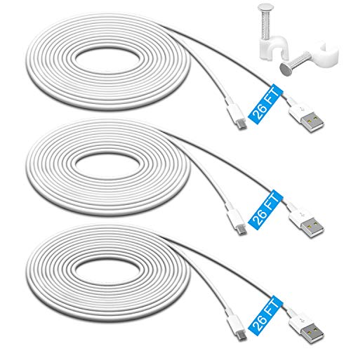 MENEEA 26FT 3 Pack Power Extension Cable for Wyze Cam Pan V2,for Wyze Cam V3,for Wyze Cam Pan, for WyzeCam,for Kasa Cam, for YI Dome Home, for Furbo Dog, for Nest Cam,Charging Data Sync Micro USB Cord