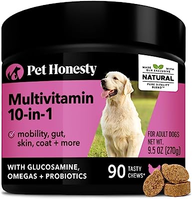 PetHonesty 10 in 1 Dog Multivitamin w Glucosamine - Essential Dog Vitamins w Glucosamine Chondroitin, Probiotics, Omega Fish Oil for Dogs Overall Health - Vitamins for Joint Supplement Heart (Chicken)