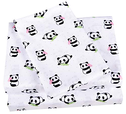 Scientific Sleep Cute Panda Cotton Cozy Twin Bed Sheet Set, Flat Sheet & Fitted Sheet & Pillowcase Natural Bedding Set (13, Twin)