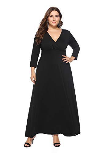 Gloria&Sarah Women's Solid V-Neck 3/4 Sleeve Plus Size Evening Party Maxi Dress