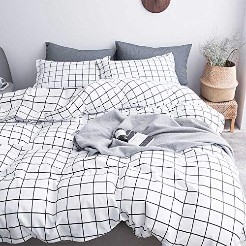 Book Cover Nanko Queen Duvet Cover Set Grid, 90x90 Soft Bedding Cover, Luxury Cool Lightweight Microfiber 3pc Set (1 Cover 2 Pillowcase) with Zip, Tie - Modern Style Bed Quilt Cover for Decor, Plaid White