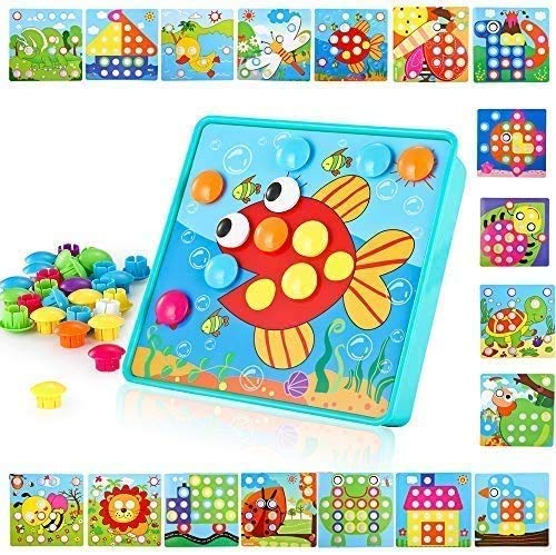 Book Cover TINOTEEN Button Art Toy for Toddlers,Toddler Activities Crafts Color Matching Early Learning Educational Mosaic Pegboard 50 Buttons and 18 Pictures