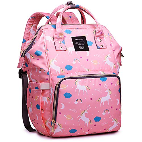 MiGer Diaper Bag Backpack for Mom Dad, Maternity Nappy Bags, Large Capacity Unicorn Baby Diaper Bag Bookbag for Boys Girls (Pink)