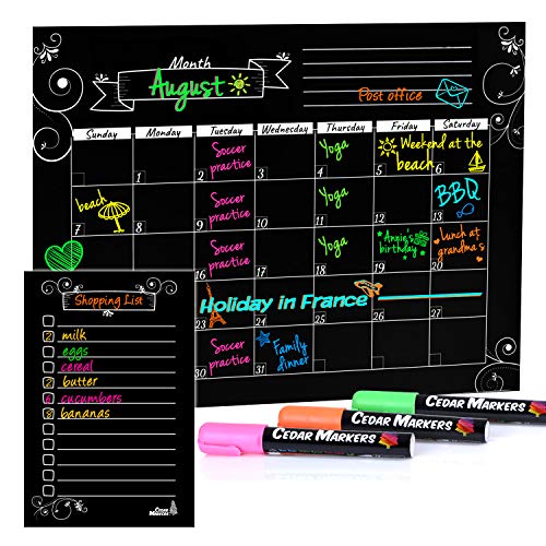 Cedar Markers 16"x12" Fridge Calendar. Refrigerator Calendar Magnetic Dry Erase. Monthly Calendar with Bonus Grocery List Blackboard. Fridge Organizer with 3 Chalk Markers.