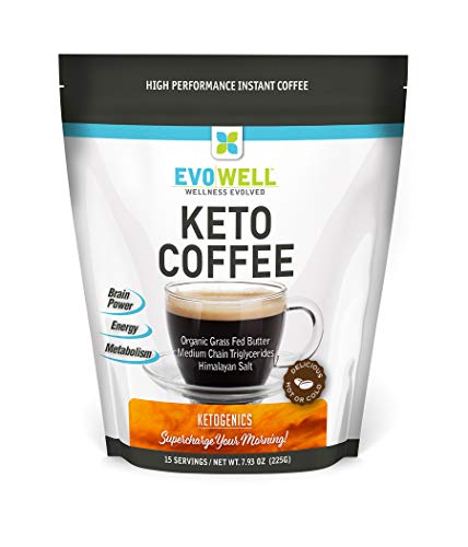 EVOWELL Keto Brown Coffee, Organic Grass Fed Butter, Medium Chain Triglycerides, Himalayan Salt, 15 Servings