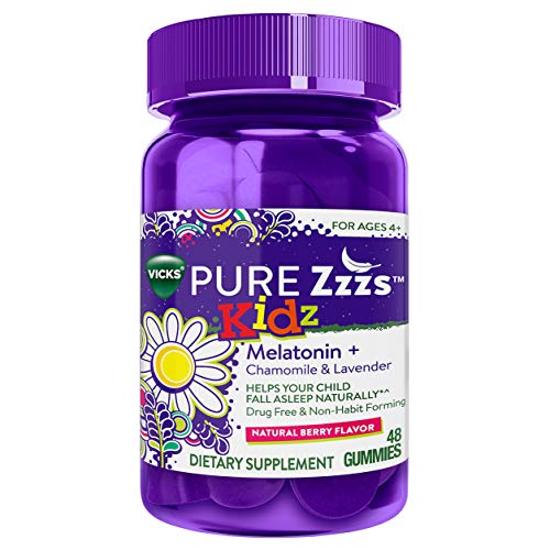 Book Cover Vicks Pure Zzzs Kidz Melatonin Lavender & Chamomile Sleep Aid Gummies for Kids & Children, Natural Berry Flavor, 0.5mg per gummy, 48 Ct