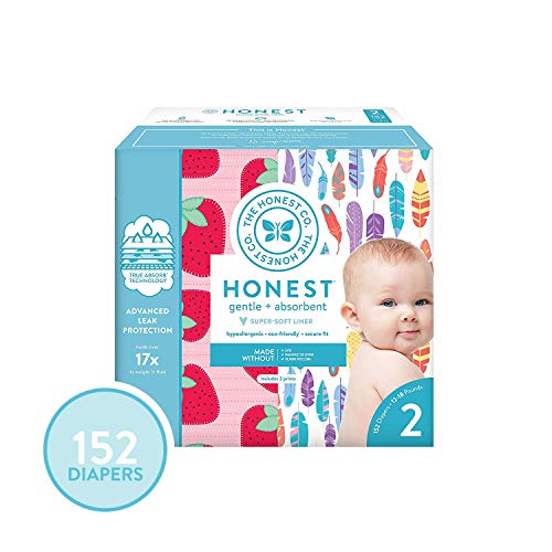 Book Cover The Honest Company Super Club Box Diapers - Size 2 - Painted Feathers & Strawberries Print | TrueAbsorb Technology | Plant-Derived Materials | Hypoallergenic | 152 Count