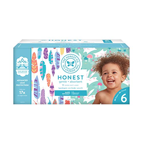 Book Cover The Honest Company Super Club Box Diapers with TrueAbsorb Technology, Painted Feathers & Bunnies, Size 6, 88 Count