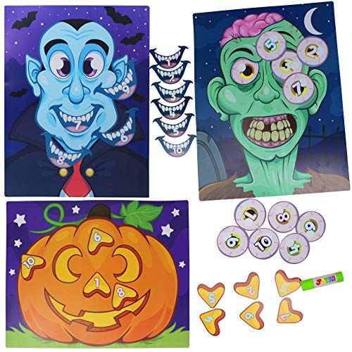 JOYIN Halloween Party Supplies Pin The Nose on Pumpkin, Pin The Eye on Zombie, Pin The Mouth on Vampire Fun Halloween Game Packs (Glue Stick Included)