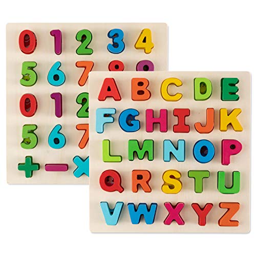 Book Cover Toy To Enjoy Alphabet Puzzles - Wooden Upper Case Letter and Number Learning Board Toy - Ideal for Early Educational Learning for Kindergarten Toddlers & Preschools