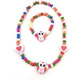 Spinnaker Collection Kids Wooden Owl Necklace and Bracelet Set - Elastic 15 inches- Girls Love Bead Accessories - Play Jewelry (Pink)