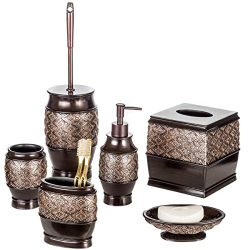 Book Cover Creative Scents Dublin 6-Piece Bathroom Accessories Set, Includes Decorative Soap Dispenser, Soap Dish, Tumbler, Toothbrush Holder, Tissue Box Cover and Toilet Bowl Brush (Brown)