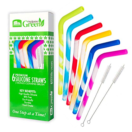 NuRome Silicone Reusable Drinking Straws Set of 6 for Drinking, Compatible w/30 oz Tumblr/Yeti/Rtic | Eco-Friendly & Food Grade | w/Cleaning Brush by NuRome Green