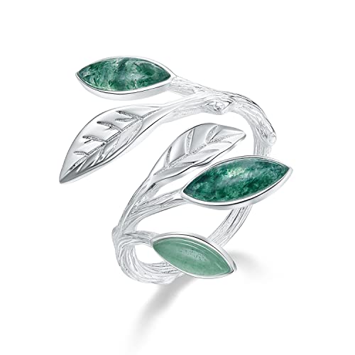 Lotus Fun Grow Through What You Go Through Rings with Card,925 Sterling Silver Marquise Shape Jade Aventurine Open Leaf Rings Olive Leaf Rings Handmade Jewelry Unique Gifts for Women Mother Mom Wife Girls