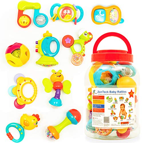 Zenteck Multi-Sensory BPA-Free Baby Rattles Teethers & Shakers Essential Set with Storage Bin [10-Piece] | Baby-Safe, Non-Toxic, Multifunctional Developmental Set for Newborns & Babies