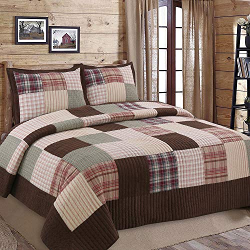 Book Cover Cozy Line Home Fashions Brody Quilt Bedding Set, Chocolate Brown Plaid Grid Striped Real Patchwork,Reversible Coverlet, Bedspread Set (Brown Grid, Queen - 3 Piece)