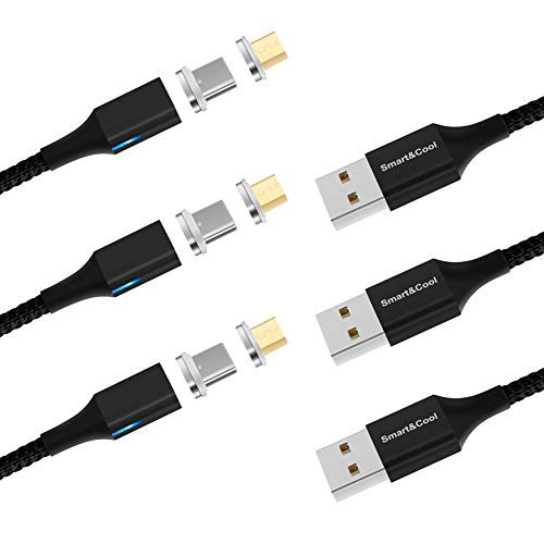 Smart&Cool GenX Nylon Braided 3 in 1 Max 3.0A Fast Charging & Data Sync Magnetic Cable Compatible with USB-C Phones i-Product and Micro-USB Interface Phones & Tablets, Black, Pack of 3/5'