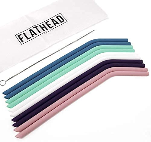 Flathead Reusable Silicone Drinking Straws with Travel Case Cleaning Brush - Extra long for 30oz and 20oz Tumblers - (Set of 10) - BPA Free Reusable Straws