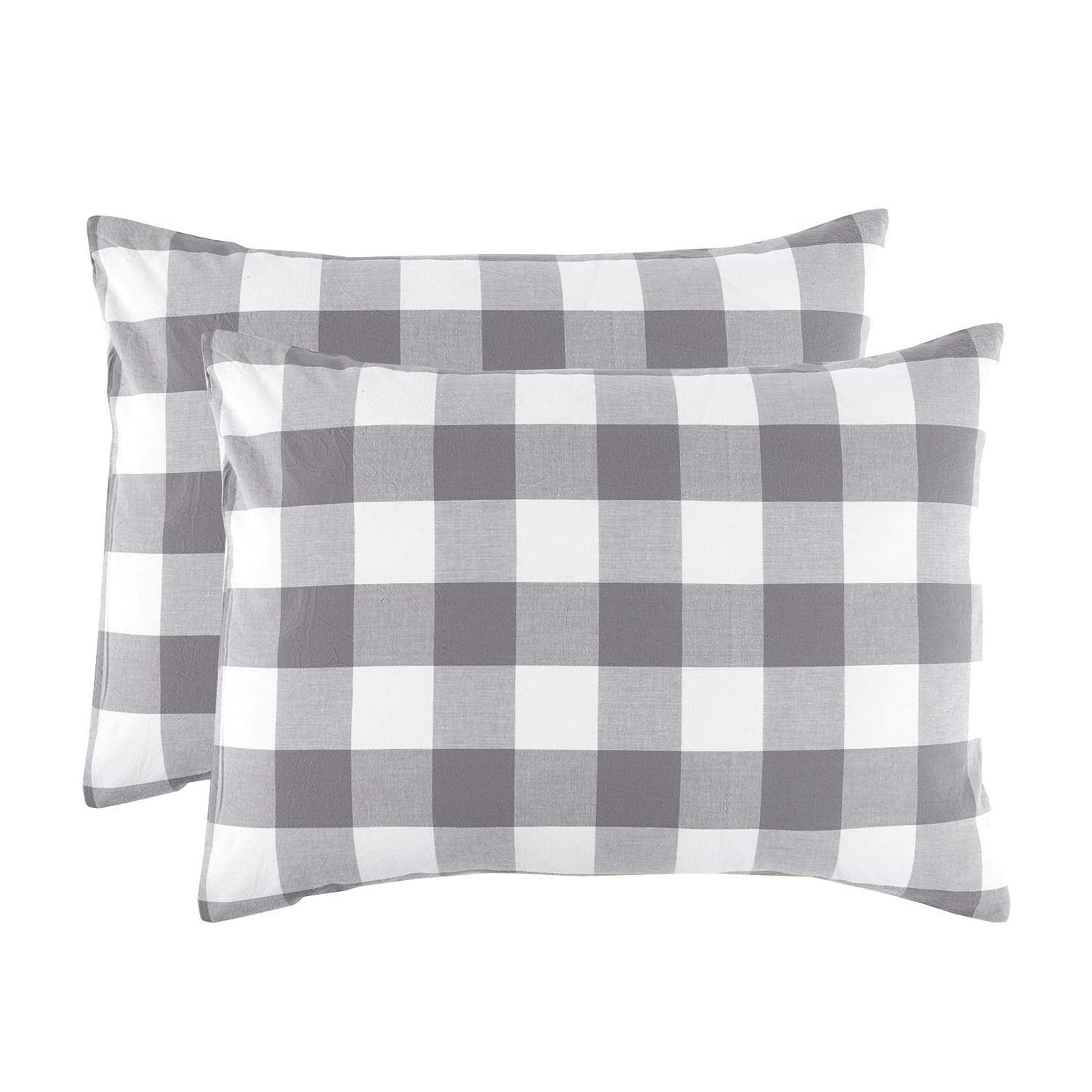 Wake In Cloud - Pack of 2 Pillow Cases, 100% Washed Cotton, Grey Gray White Buffalo Checker Gingham Geometric Plaid Printed Soft Pillowcases (Standard Size, 20x26 Inches) Standard (20"x26") Gray White Plaid