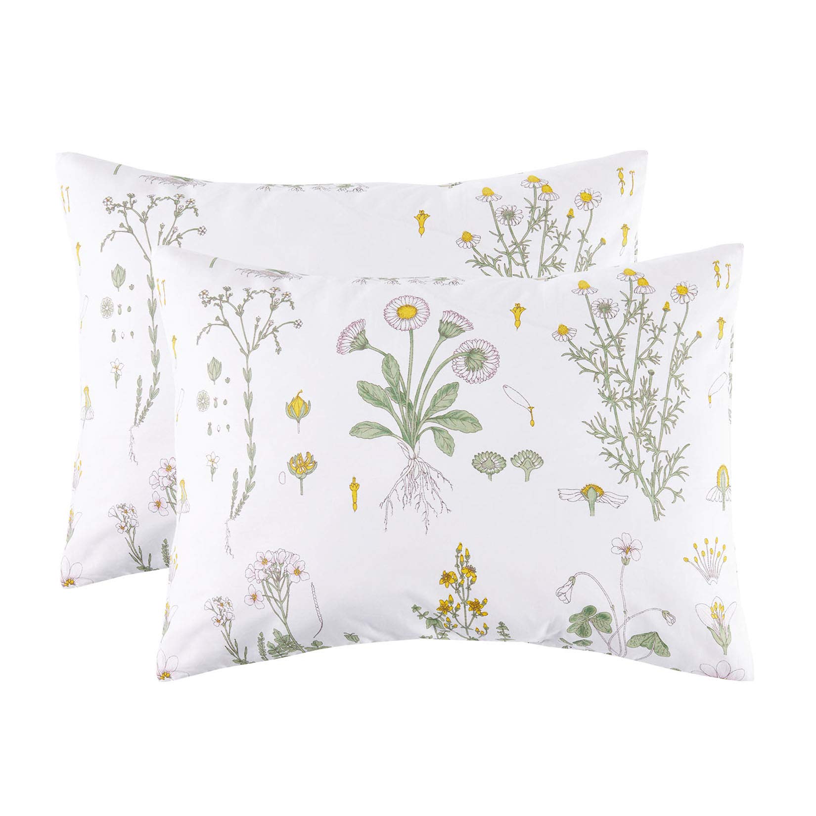Wake In Cloud - Pack of 2 Pillow Cases, 100% Cotton Pillowcases, White with Yellow Botanical Flowers Cottagecore Green Leaves Floral Garden Pattern Printed (Standard Size, 20x26 Inches) Standard (20"x26") Yellow Green Botanical