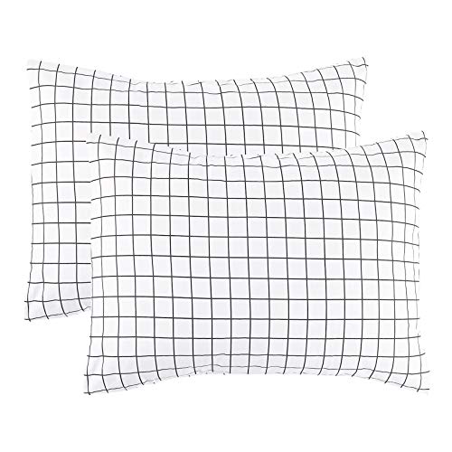 Wake In Cloud - Grid Pillow Cases, 100% Cotton Fabric, Preppy Geometric Checked Aesthetic Pattern Printed, Set of 2 Pillowcases Pillow Shams Covers, Black White, Standard Size 20x26 Inches