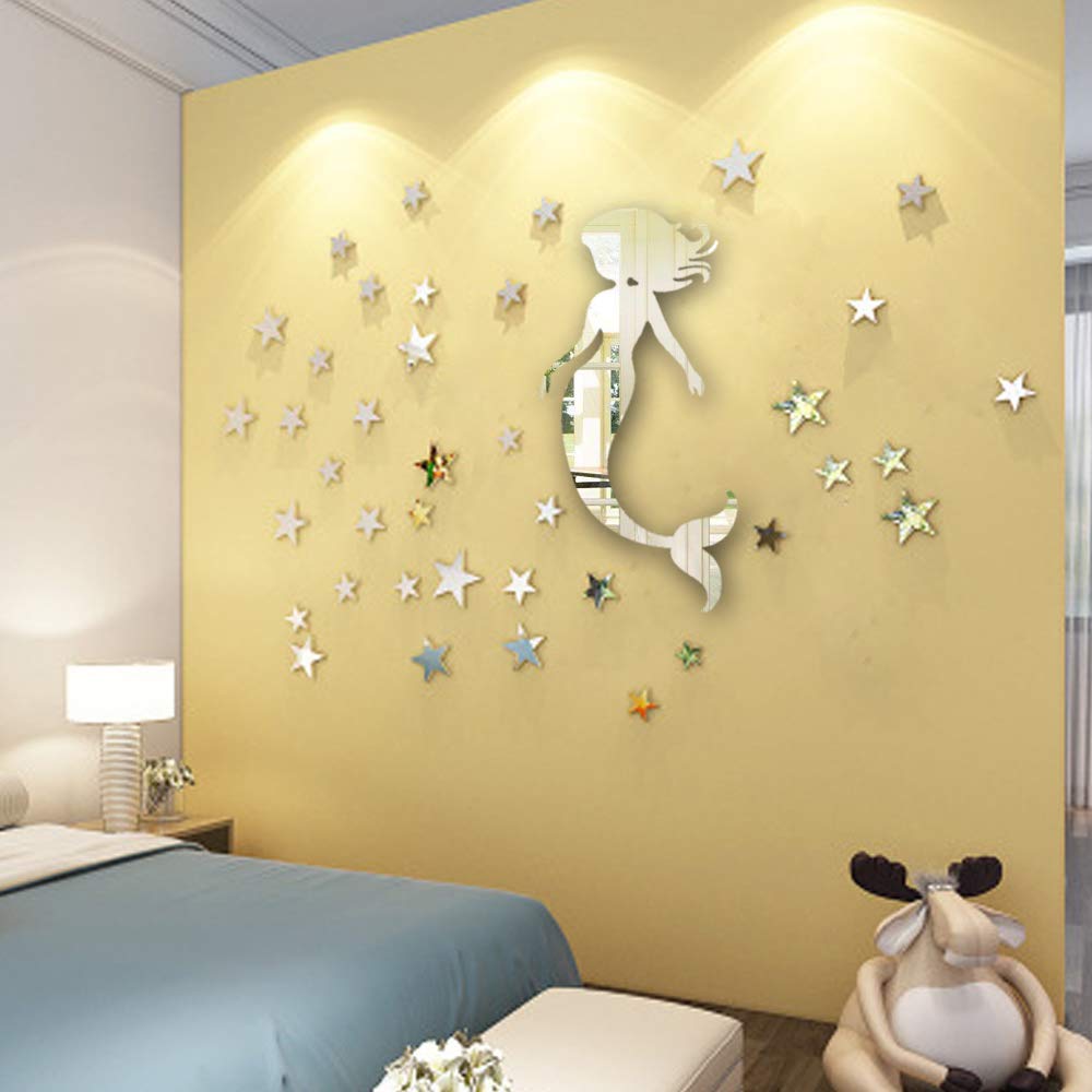 Mermaid Mirror Wall Decal 20" and 53 Stars for Girl Room Wall Decor and Silver Mirror Reflection for Mermaid Party Decoration …